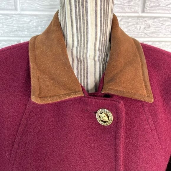 Vintage Jofeld Long Wool Coat Overcoat Burgundy Tan Suede Collar Size Large - Picture 3 of 8